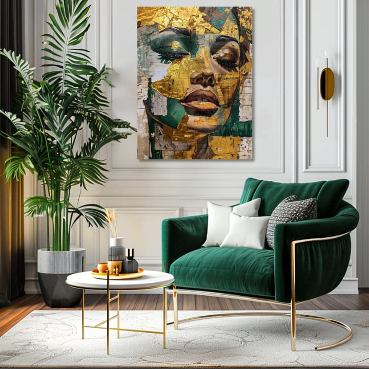 Industrial tablou pe pânză cu motivul femeie, față, oameni în bej-verde nuanțe, atmosferă sofisticată, frumusețe, potrivit pentru sufragerie | Elegant tablou femei Smaragdový sen – produs