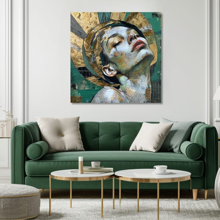 Geometric tablou pe pânză cu motivul femeie, față, portret, oameni în alb-verde nuanțe, atmosferă liniștită, frumusețe și spiritualitate, potrivit pentru sufragerie – produs, vedere 2