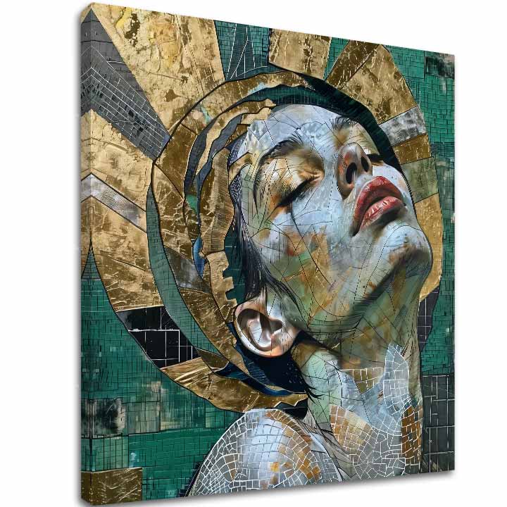 Geometric tablou pe pânză cu motivul femeie, față, portret, oameni în alb-verde nuanțe, atmosferă liniștită, frumusețe și spiritualitate, potrivit pentru sufragerie – principală