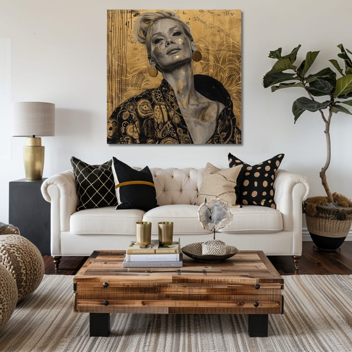 Art deco tablou pe pânză cu motivul femeie, portret, oameni în bej-auriu nuanțe, atmosferă elegantă, impresie de lux, potrivit pentru sufragerie | Elegant tablou femei Încredere – produs, vedere 2