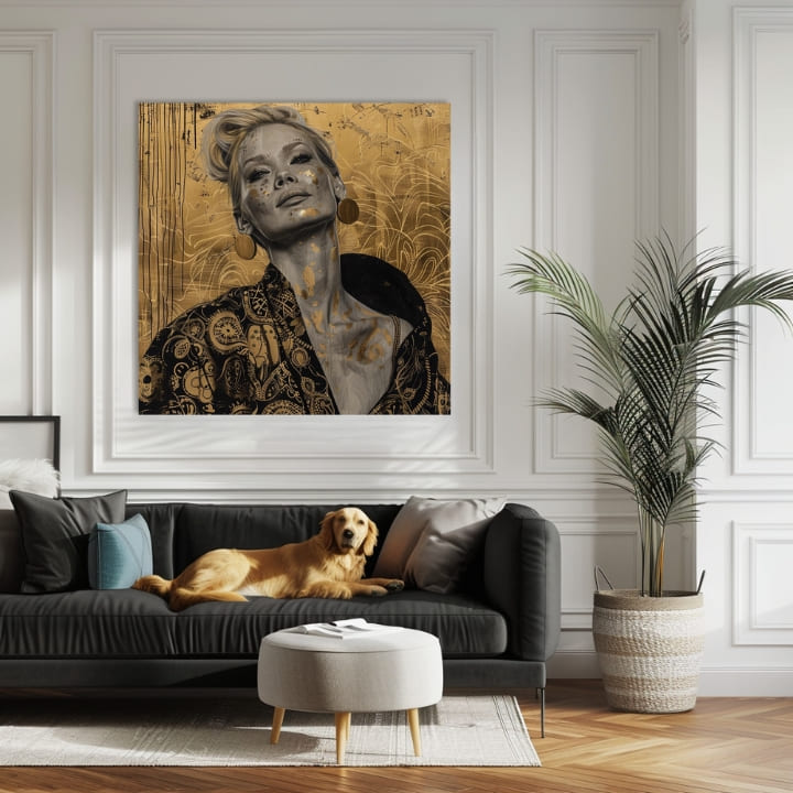 Art deco tablou pe pânză cu motivul femeie, portret, oameni în bej-auriu nuanțe, atmosferă elegantă, impresie de lux, potrivit pentru sufragerie | Elegant tablou femei Încredere – produs