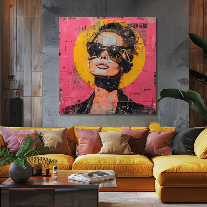Pop art tablou pe pânză cu motivul femeie, portret, oameni în portocaliu-roz nuanțe, atmosferă îndrăzneață, viață urbană și cultură pop, potrivit pentru birou – produs, vedere 2