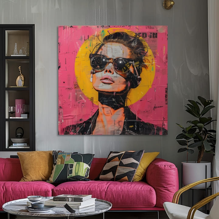 Pop art tablou pe pânză cu motivul femeie, portret, oameni în portocaliu-roz nuanțe, atmosferă îndrăzneață, viață urbană și cultură pop, potrivit pentru birou – produs