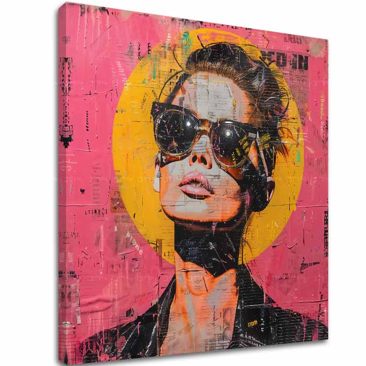 Pop art tablou pe pânză cu motivul femeie, portret, oameni în portocaliu-roz nuanțe, atmosferă îndrăzneață, viață urbană și cultură pop, potrivit pentru birou – principală