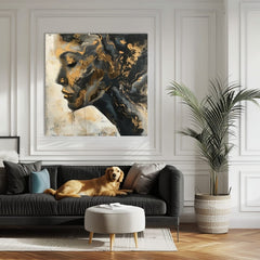 Industrial tablou pe pânză cu motivul femeie, față, oameni în bej-gri nuanțe, atmosferă elegantă, impresie de lux | Elegant tablou femei Meditácia – produs