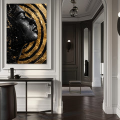 Art deco tablou pe pânză cu motivul față, motiv religios în auriu-negru nuanțe, atmosferă dramatică, frumusețe și impresie de lux, potrivit pentru birou – produs
