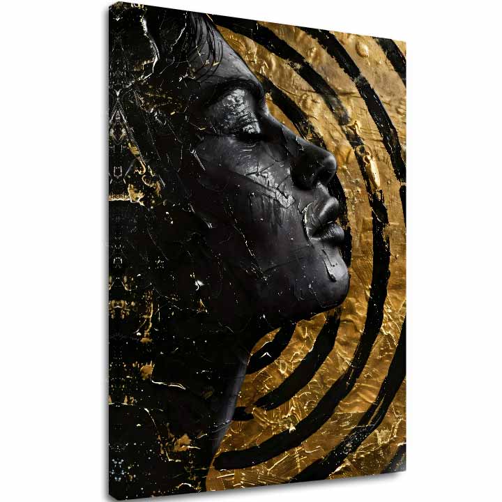Art deco tablou pe pânză cu motivul față, motiv religios în auriu-negru nuanțe, atmosferă dramatică, frumusețe și impresie de lux, potrivit pentru birou – principală