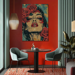 Geometric tablou pe pânză cu motivul femeie, trandafiri, față, flori, motiv religios în albastru-verde nuanțe, atmosferă melancolică | Elegant tablou femei Vášeň – produs, vedere 2