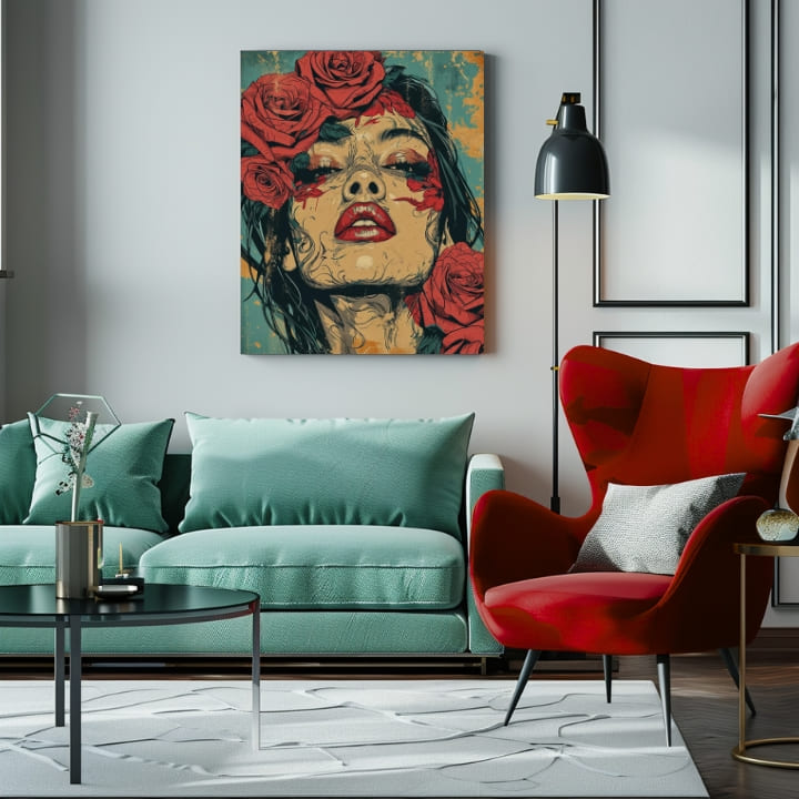 Geometric tablou pe pânză cu motivul femeie, trandafiri, față, flori, motiv religios în albastru-verde nuanțe, atmosferă melancolică | Elegant tablou femei Vášeň – produs