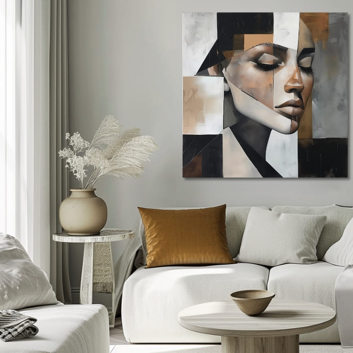 Art deco tablou pe pânză cu motivul femeie, față, portret, oameni în alb-bej nuanțe, atmosferă liniștită, potrivit pentru sufragerie | Elegant tablou femei Magická dokonalosť – produs, vedere 2