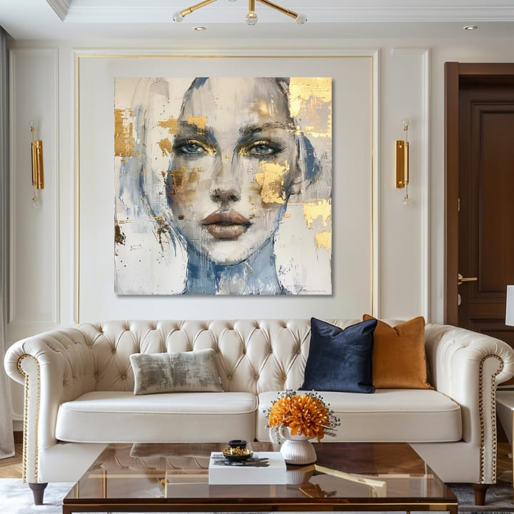 Art deco tablou pe pânză cu motivul femeie, față, oameni în alb-bej nuanțe, atmosferă eterică, eleganță, potrivit pentru sufragerie | Elegant tablou femei Prenikavý vedere – produs