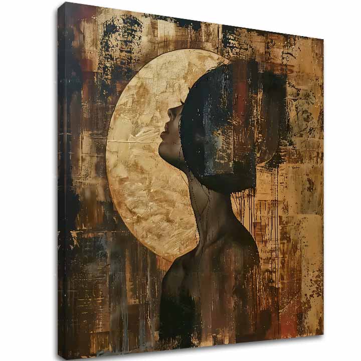 Industrial tablou pe pânză cu motivul femeie, siluetă, lună, univers în maro-auriu nuanțe, atmosferă contemplativă, spiritualitate și natură – principală