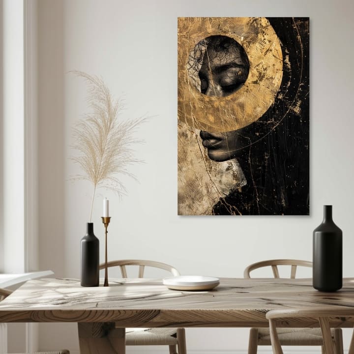 Art deco tablou pe pânză cu motivul femeie, față, motiv religios în auriu-negru nuanțe, atmosferă misterioasă, spiritualitate, potrivit pentru sufragerie – produs, vedere 2