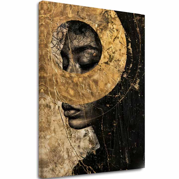 Art deco tablou pe pânză cu motivul femeie, față, motiv religios în auriu-negru nuanțe, atmosferă misterioasă, spiritualitate, potrivit pentru sufragerie – principală