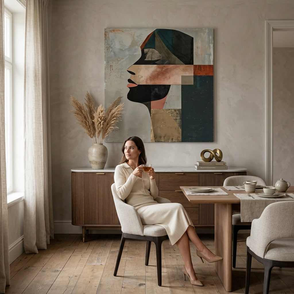 Modern tablou pe pânză cu motivul natură, oameni în gri-negru nuanțe agățat în interiorul birou de lucru, atmosferă sofisticată | Elegant tablou femei Spánok – interior
