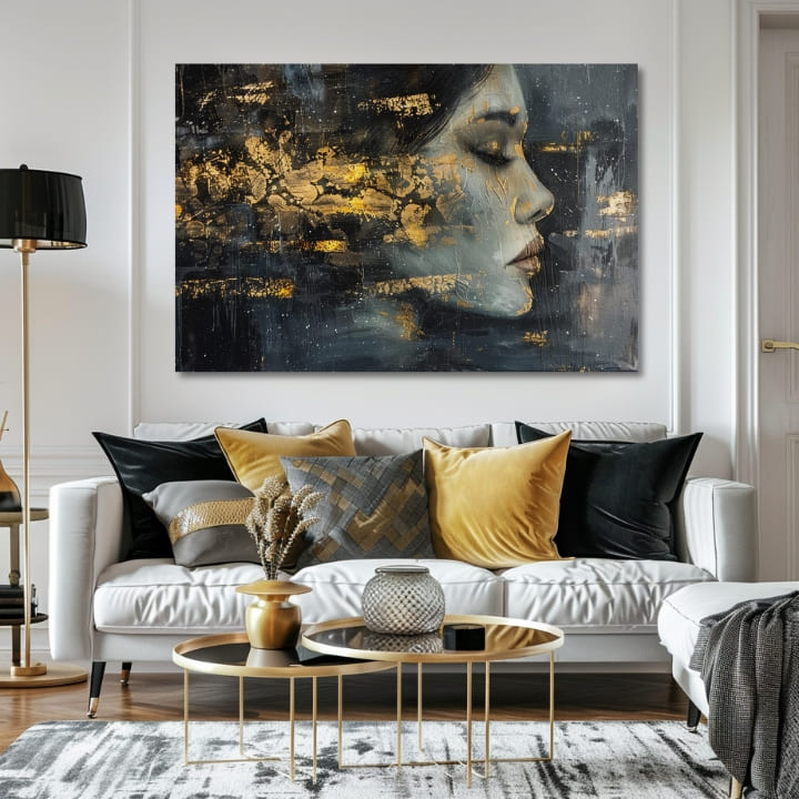 Art deco tablou pe pânză în albastru-auriu nuanțe, atmosferă liniștită, potrivit pentru sufragerie | Elegant tablou femei Záhadná cudzinka – produs