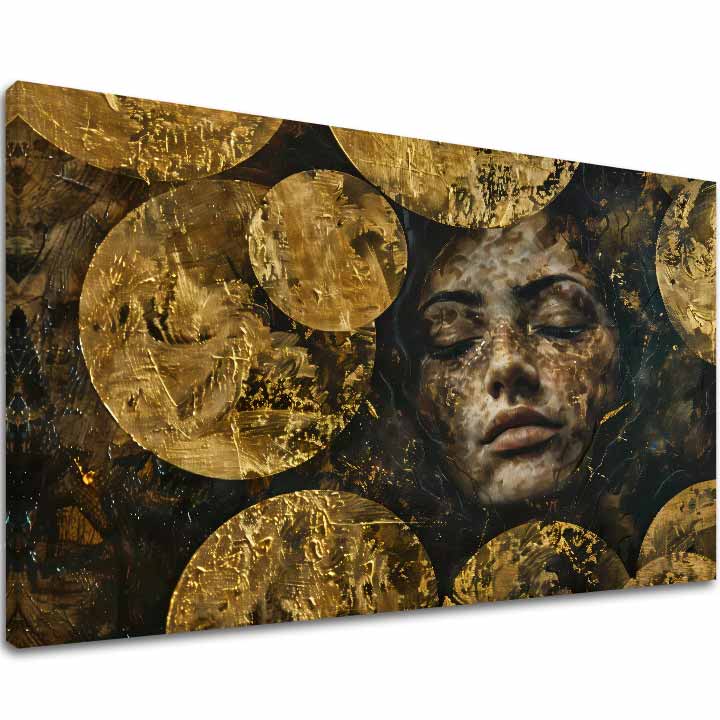 Art deco tablou pe pânză cu motivul motiv religios, oameni în auriu-negru nuanțe, spiritualitate și vise, potrivit pentru sufragerie | Elegant tablou femei Pod hladinou – principală