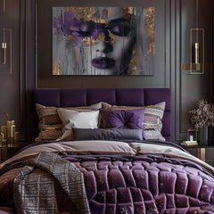 Industrial tablou pe pânză cu motivul femeie, față, oameni în violet-gri nuanțe, atmosferă misterioasă, frumusețe și impresie de lux, potrivit pentru sufragerie – produs, vedere 2