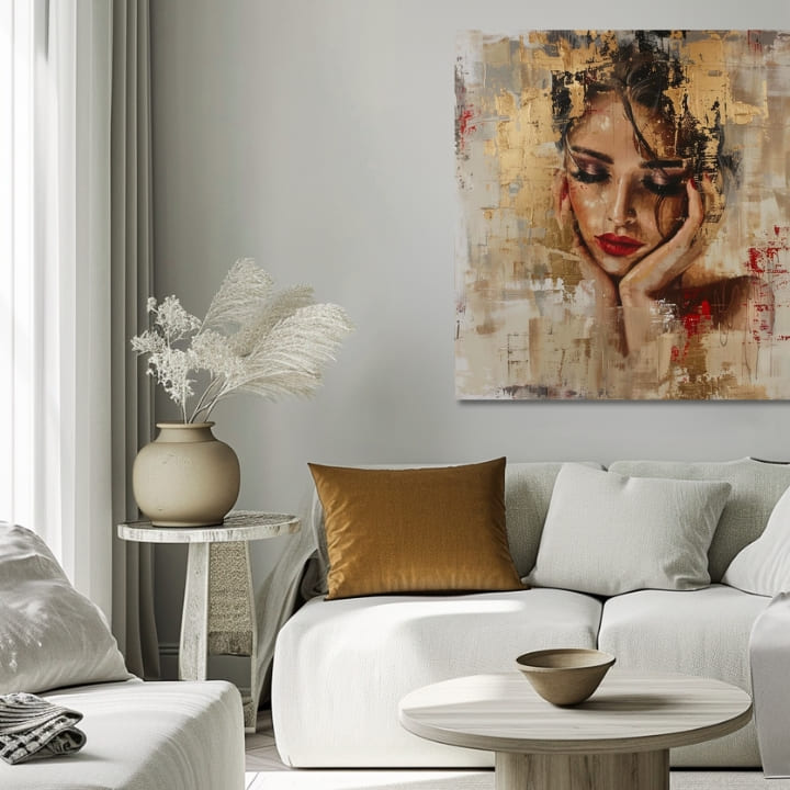 Art deco tablou pe pânză cu motivul femeie, față, motiv religios, oameni în bej-auriu nuanțe, frumusețe, potrivit pentru sufragerie | Elegant tablou femei Fermecătoare múza – produs, vedere 2