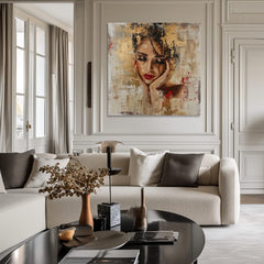 Art deco tablou pe pânză cu motivul femeie, față, motiv religios, oameni în bej-auriu nuanțe, frumusețe, potrivit pentru sufragerie | Elegant tablou femei Fermecătoare múza – produs, vedere 3