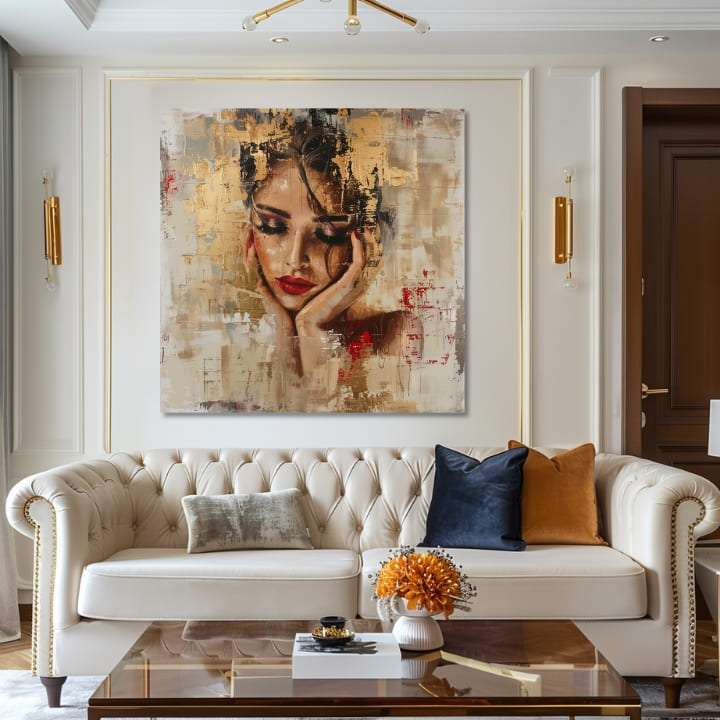 Art deco tablou pe pânză cu motivul femeie, față, motiv religios, oameni în bej-auriu nuanțe, frumusețe, potrivit pentru sufragerie | Elegant tablou femei Fermecătoare múza – produs