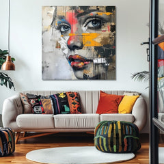În stil boho tablou pe pânză cu motivul natură, oameni în albastru-auriu nuanțe, atmosferă intensă, potrivit pentru birou | Elegant tablou femei Návšteva z budúcnosti – produs