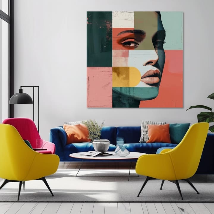 Modern tablou pe pânză cu motivul femeie, față, oameni în bej-gri nuanțe, atmosferă urbană, viață urbană, potrivit pentru sufragerie | Elegant tablou femei Pohlad na svet – produs
