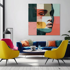 Modern tablou pe pânză cu motivul femeie, față, oameni în bej-gri nuanțe, atmosferă urbană, viață urbană, potrivit pentru sufragerie | Elegant tablou femei Pohlad na svet – produs