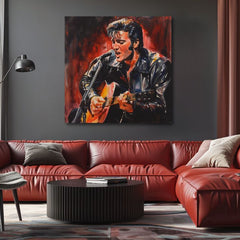 Modern tablou pe pânză cu motivul Elvis Presley - Ikona na pódiu, chitară, microfon în negru-roșu nuanțe, atmosferă pasională | Tablou Elvis Presley - Ikona na pódiu – produs