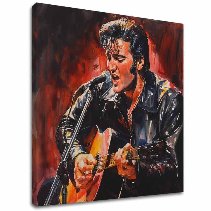 Modern tablou pe pânză cu motivul Elvis Presley - Ikona na pódiu, chitară, microfon în negru-roșu nuanțe, atmosferă pasională | Tablou Elvis Presley - Ikona na pódiu – principală