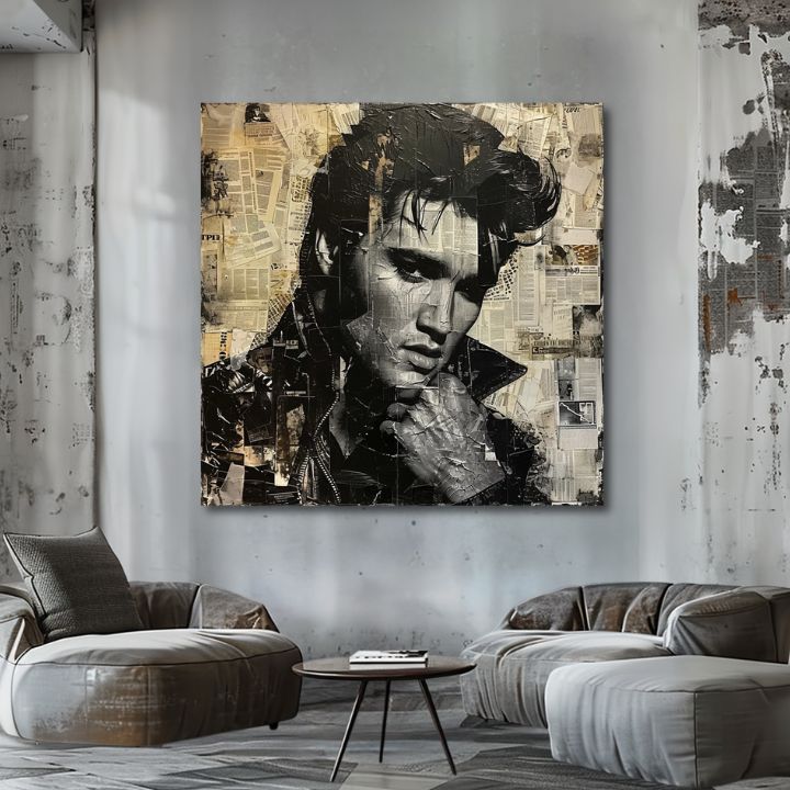 Modern tablou pe pânză cu motivul Elvis Presley - Rockový génius în negru-alb nuanțe, atmosferă nostalgică, istorie muzicală și glorie – produs