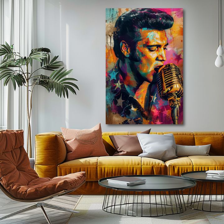 Modern tablou pe pânză cu motivul Elvis Presley - Zlatý hlas rock’n’rollu, microfon în portocaliu-violet nuanțe, atmosferă energică | Tablou Elvis Presley - Zlatý hlas rock’n’rollu – p..., vedere 2