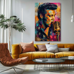 Modern tablou pe pânză cu motivul Elvis Presley - Zlatý hlas rock’n’rollu, microfon în portocaliu-violet nuanțe, atmosferă energică | Tablou Elvis Presley - Zlatý hlas rock’n’rollu – p..., vedere 2