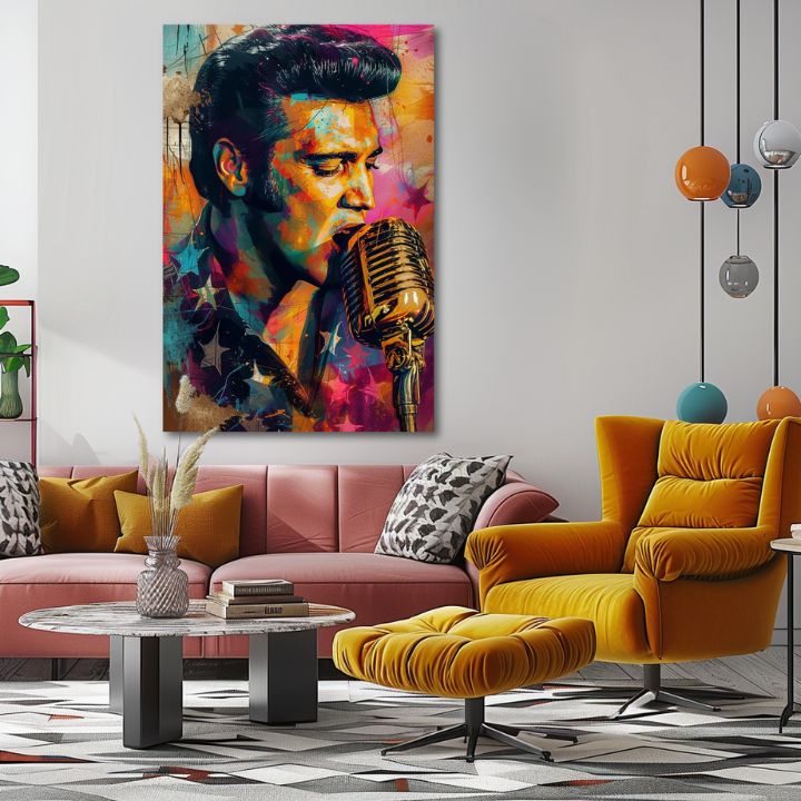 Modern tablou pe pânză cu motivul Elvis Presley - Zlatý hlas rock’n’rollu, microfon în portocaliu-violet nuanțe, atmosferă energică | Tablou Elvis Presley - Zlatý hlas rock’n’rollu – produs