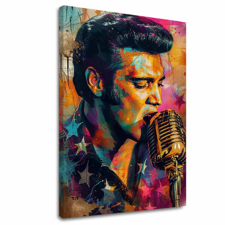 Modern tablou pe pânză cu motivul Elvis Presley - Zlatý hlas rock’n’rollu, microfon în portocaliu-violet nuanțe, atmosferă energică | Tablou Elvis Presley - Zlatý hlas rock’n’rollu – principală