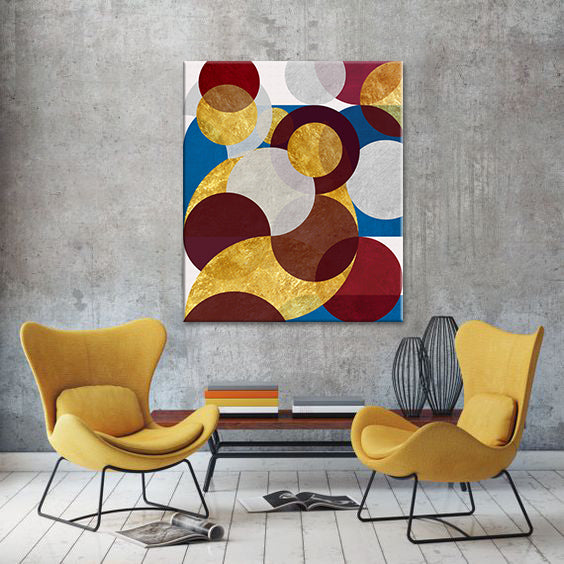 În stil boho tablou pe pânză cu motivul Ephemeral Shape, accente aurii în alb-albastru nuanțe agățat în interiorul sufragerie, atmosferă sofisticată – interior