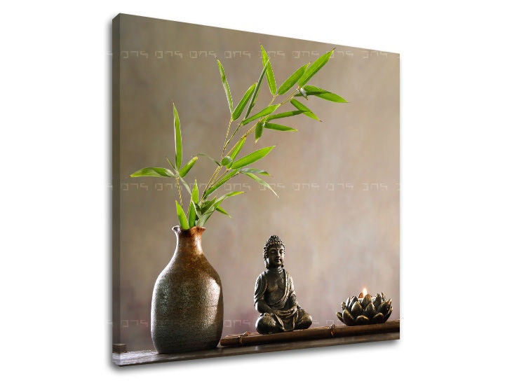 Clasic tablou pe pânză cu motivul FENG SHUI, peisaj, natură în albastru-argintiu nuanțe, atmosferă liniștită, pace interioară și natură, potrivit pentru sufragerie – principală