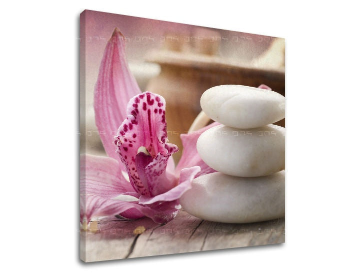 Industrial tablou cu motivul FENG SHUI, orhidee, peisaj în albastru-argintiu nuanțe | Tablou de perete FENG SHUI, natură – previzualizare