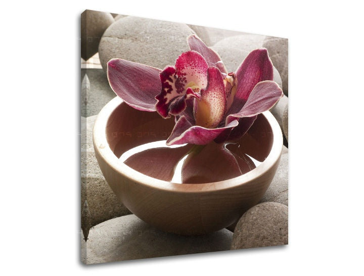 Clasic tablou pe pânză cu motivul FENG SHUI, orhidee, floare, peisaj, natură în albastru-argintiu nuanțe, atmosferă liniștită, potrivit pentru sufragerie – principală