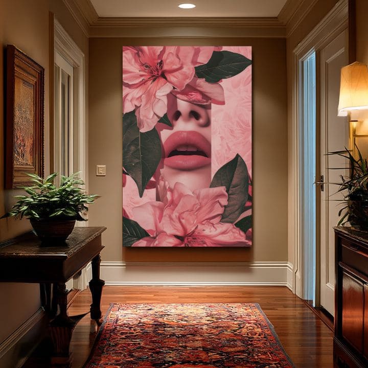 Modern tablou pe pânză cu motivul Floral Lips în roz-verde nuanțe, atmosferă romantică, natură și frumusețe | Tablou Floral Lips – produs, vedere 2