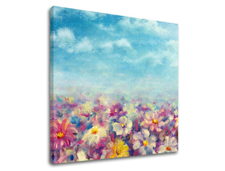 În stil boho tablou pe pânză cu motivul flori, cer, nori, pajiște, peisaj în violet-albastru nuanțe, atmosferă veselă, natură și atmosferă de primăvară – principală