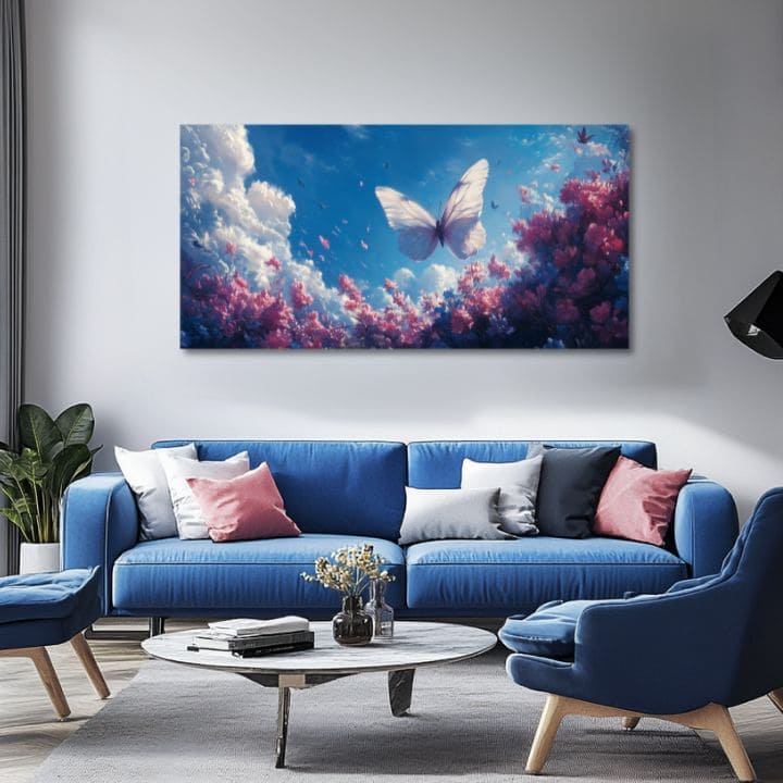 Modern tablou pe pânză cu motivul Fluturelui v Oblakoch Slobody, fluture, flori, cer, nori, atmosferă de vis, natură și atmosferă de primăvară | Tablou Fluturelui v Oblakoch Slobody – produs, vedere 2