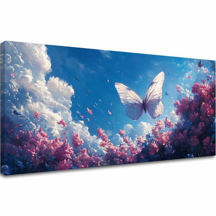 Modern tablou pe pânză cu motivul Fluturelui v Oblakoch Slobody, fluture, flori, cer, nori, atmosferă de vis, natură și atmosferă de primăvară | Tablou Fluturelui v Oblakoch Slobody – principală