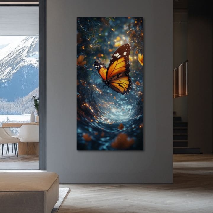 Modern tablou pe pânză cu motivul Oranžového Fluturelui - Atmosferă magică, fluture în turcoaz-portocaliu nuanțe, atmosferă eterică | Tablou Oranžového Fluturelui - Atmosferă magică – produs, vedere 3