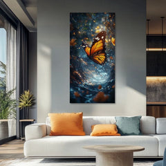 Modern tablou pe pânză cu motivul Oranžového Fluturelui - Atmosferă magică, fluture în turcoaz-portocaliu nuanțe, atmosferă eterică | Tablou Oranžového Fluturelui - Atmosferă magică – produs, vedere 2