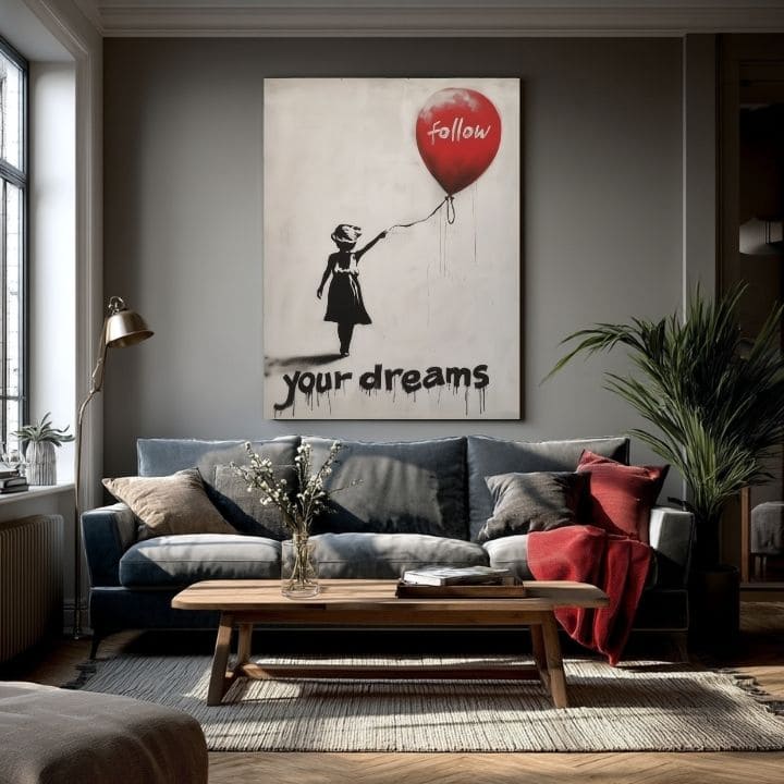 Modern tablou pe pânză cu motivul Follow Your Dreams, balon în alb-negru nuanțe, vise și nádej | Tablou Follow Your Dreams – produs [XOBWSPP030E1]