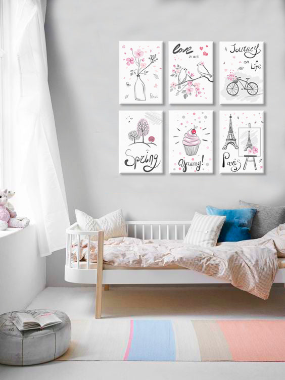 Vintage tablou pe pânză cu motivul PENTRU COPII, flori, păsări, copaci, motiv pentru copii în multicolor nuanțe, atmosferă capricioasă, natură și romantism – principală
