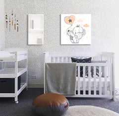 În stil boho tablou pe pânză cu motivul PENTRU COPII, elefant, balon, nori, stele în alb-maro nuanțe, atmosferă jucăușă, copilărie și vise, potrivit pentru cameră de copii – principală