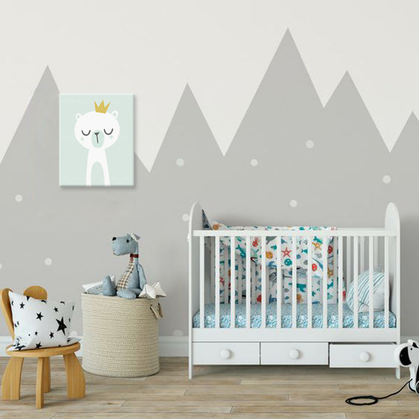 Modern tablou pe pânză cu motivul PENTRU COPII, urs, coroană, motiv pentru copii, animal în alb-gri nuanțe, atmosferă liniștită, natură, potrivit pentru cameră de copii – principală