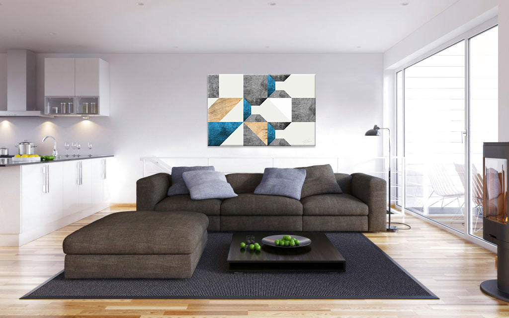 Geometric tablou pe pânză cu motivul Fragment of Unfolding Dream, natură în alb-albastru nuanțe agățat în interiorul birou de lucru | Tablou de perete Fragment of Unfolding Dream – interior